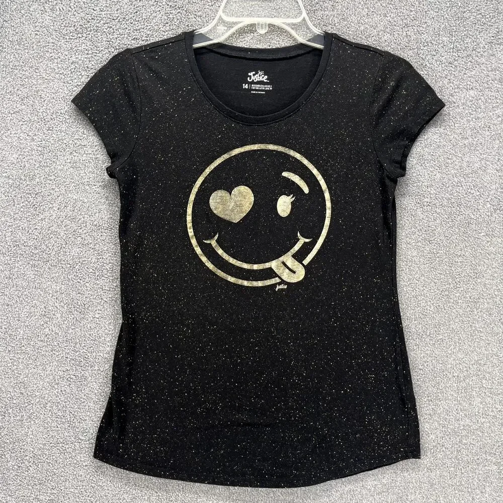 Justice Top Girls 14 Black Gold Smile‎ Face short Sleeve stretch T-Shirt